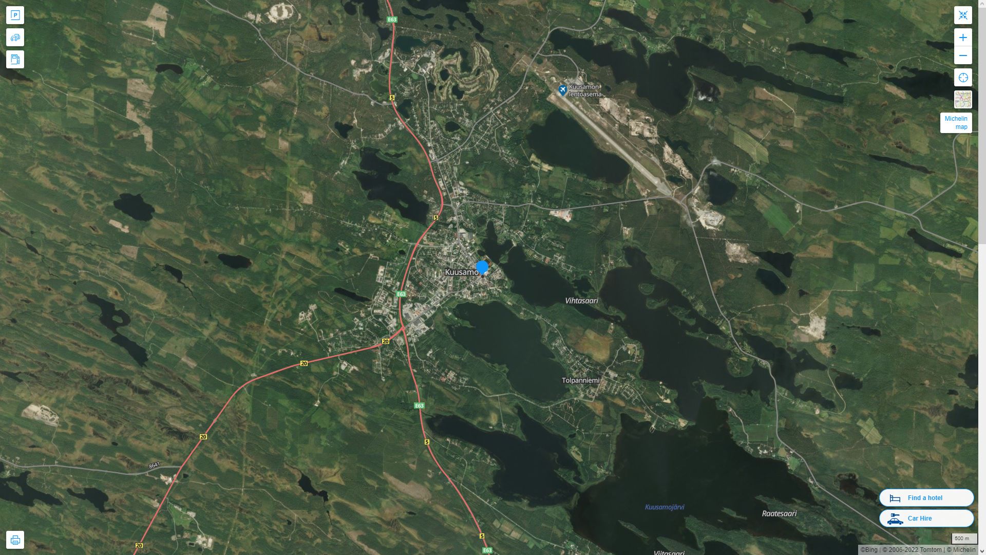 Kuusamo Finlande Autoroute et carte routiere avec vue satellite